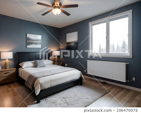 Detailed hyperrealistic medium shot: bedroom interior design. 106470078
