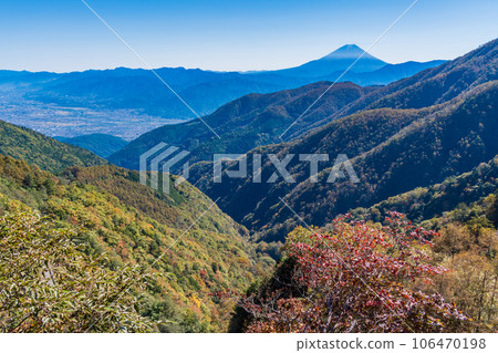 (Yamanashi Prefecture) Mt. Fuji seen from Ikenochaya forest road in autumn 106470198