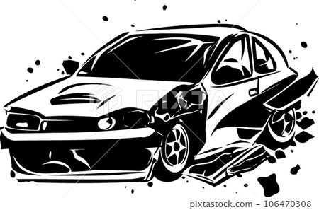 crashed car accident black and white 106470308