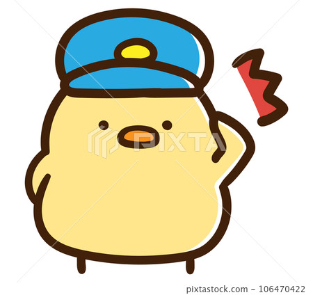 一隻戴著警察帽子敬禮的可愛小雞的變形插圖 106470422
