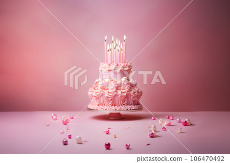 Beautiful cake with pink frosting and candles. AI generative, illustration. 106470492
