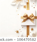 Christmas and happy new year background with Christmas tree, gift box, ball and decorations. winter seasonal with copy space 106470582