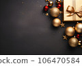Christmas and happy new year background with Christmas tree, gift box, ball and decorations. winter seasonal with copy space 106470584