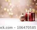 Christmas and happy new year background with Christmas tree, gift box, ball and decorations. winter seasonal with copy space 106470585