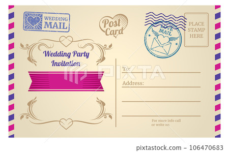 Wedding party invitation in vintage mail envelope design 106470683