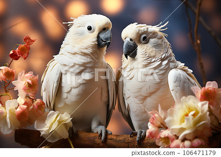 Two large white macaw parrots sit on a branch of sakura blossoms. Generative AI 106471179