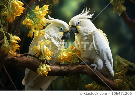 Two large white macaw parrots sit on a branch. Generative AI 106471206