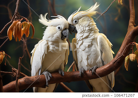 Two large white macaw parrots sit on a branch. Generative AI 106471207