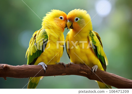 Two large yellow green macaw parrots sit on a branch. Generative AI 106471209