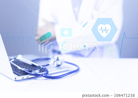 Medical Technology diagnosis of medical treatment concepts. Doctor and stethoscope of touch icon. Medical Technology analysis the Network connection virtual screen interface. Hospital blur Background Medical Technology diagnosis of medical treatment concepts. Doctor and stethoscope of touch icon. Medical Technology analysis the Network connection virtual screen interface. Hospital blur Background 106471238