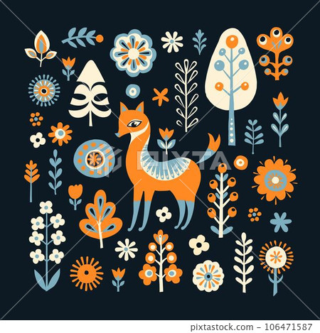 Simple minimalist Scandinavian pattern with fox, forest and flowers 106471587
