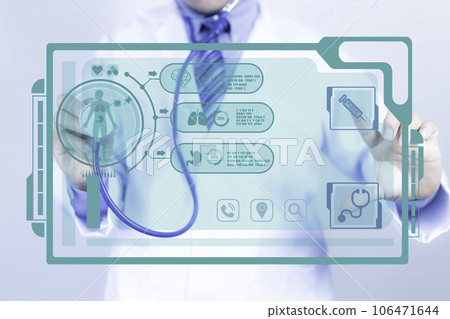 Medical technology diagnosis concept of body. Doctor standing hand touching medical icon. Medical technology analyzes the virtual screen interface of the network connection. hospital blur background. 106471644