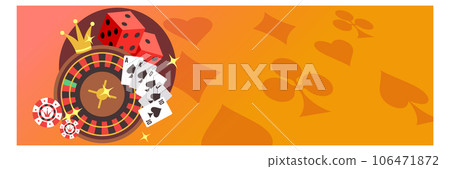 Gambling banner template with casino symbols. Cartoon roulette and cards Gambling banner template with casino symbols. Cartoon roulette and cards 106471872