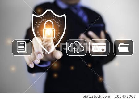 Security technology business and network.Cyber Threats and security of information technology systems. Proactive security life cycle against cyber crime in business.Security icon on virtual display 106472005