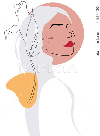 Hand drawn one line woman portrait with abstract geometric elements and flower. 106472006