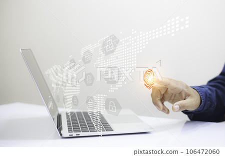 Cybersecurity Concept to protect Information on Internet Network. Businessman Scan fingerprint with virtual screen interface to enter Internet Network.Futuristic virtual screen interface Technology.. 106472060