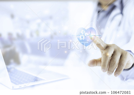 Medical Technology diagnosis of cardiac concepts. Doctor and stethoscope of heart touch icon.  Medical Technology analysis the Network connection virtual screen interface. Hospital blur Background 106472081