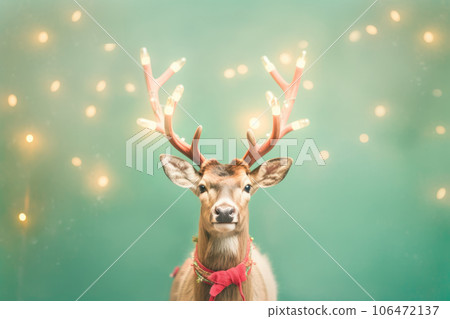 Reindeer with Christmas lights on his antlers. Minimal Christmas background. AI generative, illustration 106472137