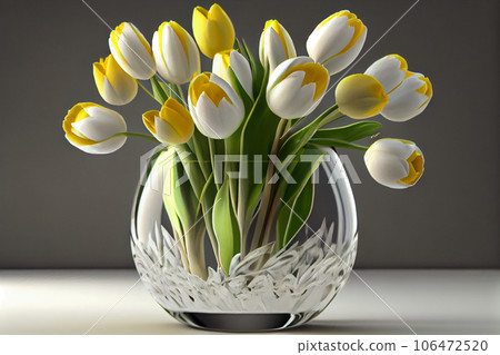 Bouquet of yellow and white tulips in a vase on the floor. A gift for women's day from yellow and white tulip flowers. Beautiful yellow flowers in a vase wall. Bouquet of yellow and white tulips in a vase on the floor. A gift for women's day from yellow and white tulip flowers. Beautiful yellow flowers in a vase wall. 106472520