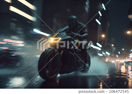 Motorcycle rider at night fast speed driving .Speed motion blur motorcycle in the city night. 106472545