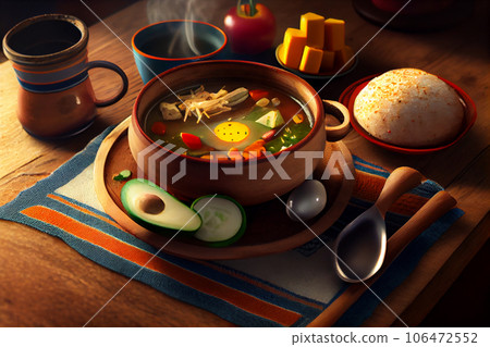 Colombian Ajiaco soup with chicken and vegetables close up in a bowl on the table. Colombian cuisine 106472552