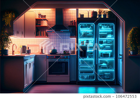 Smart kitchen interior with neon lights Smart kitchen interior with neon lights 106472553