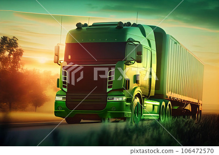 Sun-drenched powerful modern stylish and comfortable green large truck semi-trailer of the latest model of commercial transport for long distances with a shiny chrome grille. 106472570