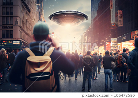 UFO flying over city and crowds of people in panic running away. Spacecraft is attacking the city. Ufology UFO flying over city and crowds of people in panic running away. Spacecraft is attacking the city. Ufology 106472580