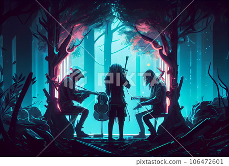Musicians play music in forest at night. Neon colour of elysium forest with hipster musical band playing.  106472601