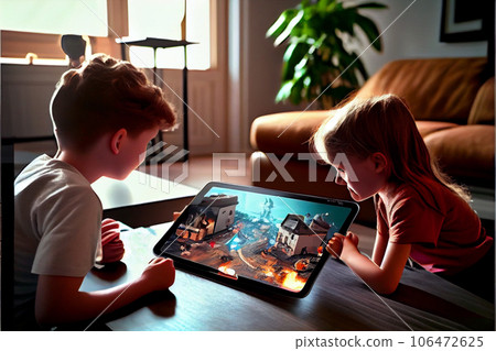 illustration of kids play with augmented reality at home. children enjoy playing a VR game at home. illustration of kids play with augmented reality at home. children enjoy playing a VR game at home. 106472625