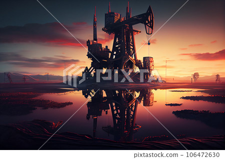 Oil drilling derricks at desert oilfield for fossil fuels output and crude oil production from the ground. Oil drill rig and pump jack. Turning valve and pipelines 106472630