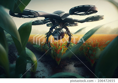 Modern technologies in agriculture. industrial drone flies over a green field and sprays useful pesticides to increase productivity and destroys harmful insects. increase productivity Modern technologies in agriculture. industrial drone flies over a green field and sprays useful pesticides to increase productivity and destroys harmful insects. increase productivity 106472655