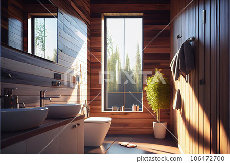 wooden bathroom interior with white tub and decor 106472700