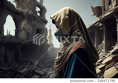 Turkish woman near the ruined building affected by the earthquake. 106472740