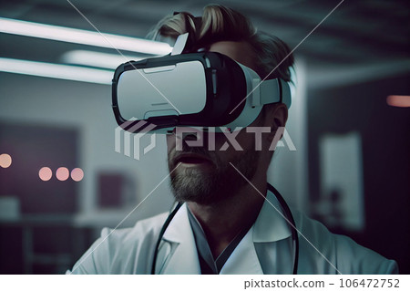 Male doctor at a hospital, using a Virtual Reality Glasses, looking at a virtual screen. 106472752