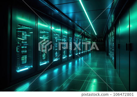 Modern servers data center room, big data structure. Cloud, internet or cyberspace technology concept. Ai generative 106472801