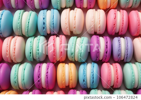 A lot of colorful pastel macarons cakes with delicious fillings lie sideways in a row in a box, top view flat lay, many sweet macaroons. Minimal concepts pattern above, food background. A lot of colorful pastel macarons cakes with delicious fillings lie sideways in a row in a box, top view flat lay, many sweet macaroons. Minimal concepts pattern above, food background. 106472824