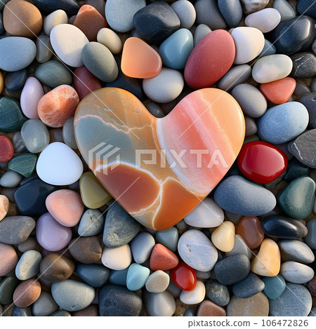 A lot of stones of different shapes and in the shape of a big heart in the center on the ocean or sea sandy beach. Natural colored heart shaped polish sea glass and stones on the seashore on the 106472826