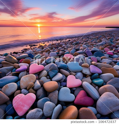 Crimson sunset on a beach filled with natural heart shaped colored polish sea stones on the seashore, with sky, sandy beach with coast stones, photo realism, long exposure photography, ethereal.  106472837