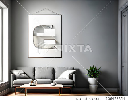 Empty poster frame atop contemporary style sofa. 106472854