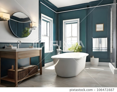 Realistic coastal bathroom with beautiful sunlight. 106472887