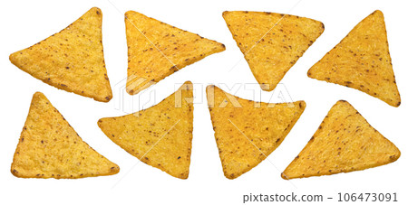 Corn chips, hot mexican nachos isolated on white background Corn chips, hot mexican nachos isolated on white background 106473091