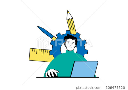 Education concept with people scene in flat web design. Young guy student learning online using laptop, watching webinars and lectures. Vector illustration for social media banner, marketing material. 106473520