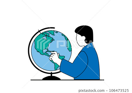 Education concept with people scene in flat web design. Student learning geography and researching world map at globe in classroom. Vector illustration for social media banner, marketing material. 106473525
