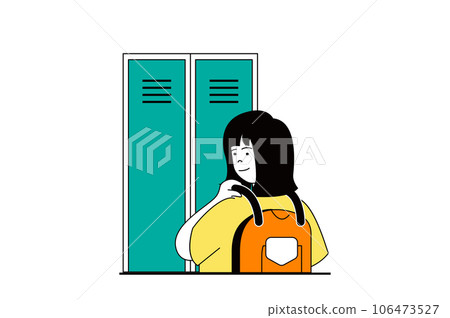 Education concept with people scene in flat web design. Student with backpack standing by locker and preparing to lessons or exams. Vector illustration for social media banner, marketing material. 106473527