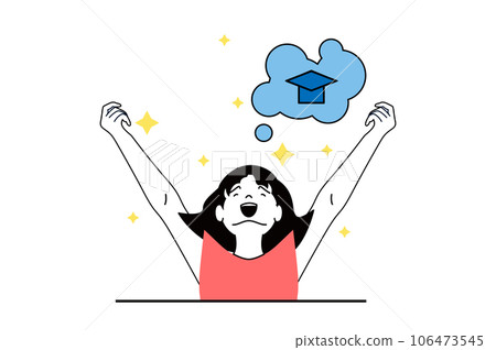 Education concept with people scene in flat web design. Young girl celebrating her future graduation and success finishing university. Vector illustration for social media banner, marketing material. 106473545