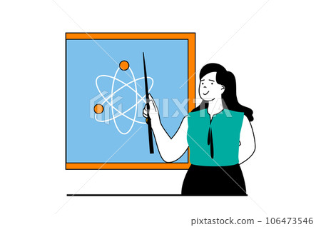 Education concept with people scene in flat web design. Woman working as teacher and explaining physics by blackboard in school class. Vector illustration for social media banner, marketing material. 106473546