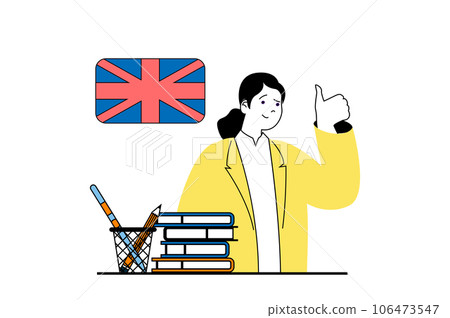 Education concept with people scene in flat web design. Woman working as teacher and explaining english language to students in school. Vector illustration for social media banner, marketing material. Education concept with people scene in flat web design. Woman working as teacher and explaining english language to students in school. Vector illustration for social media banner, marketing material. 106473547