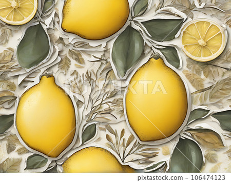 Autumn floral lemons leaves papercut style neutral. 106474123