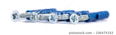 Metal screws and gray plastic dowel isolated on white Metal screws and gray plastic dowel isolated on white 106474183